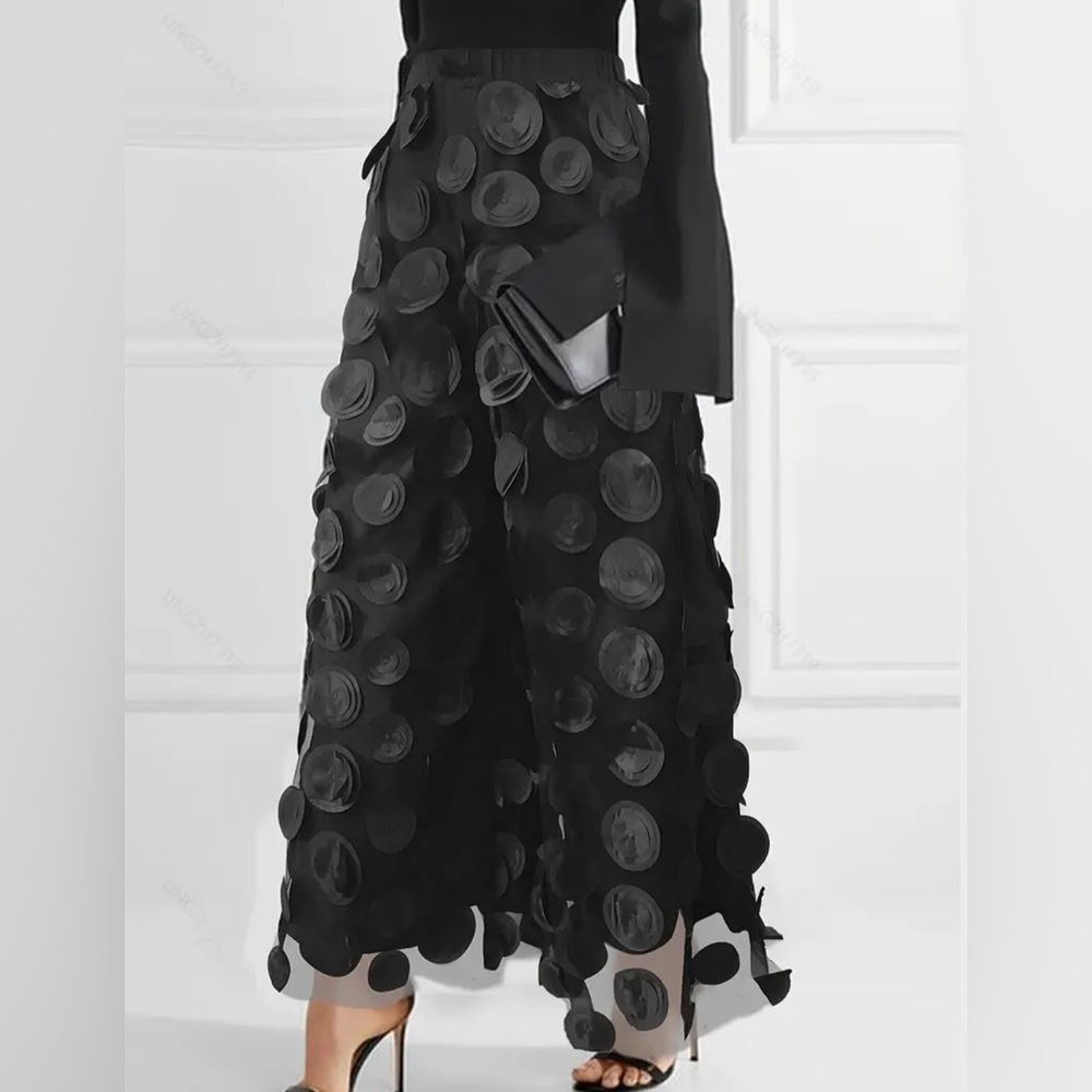 Circle Patched Wide Leg Solid Pants, Stylish High Waist Mesh Pants - Picture 3 of 4